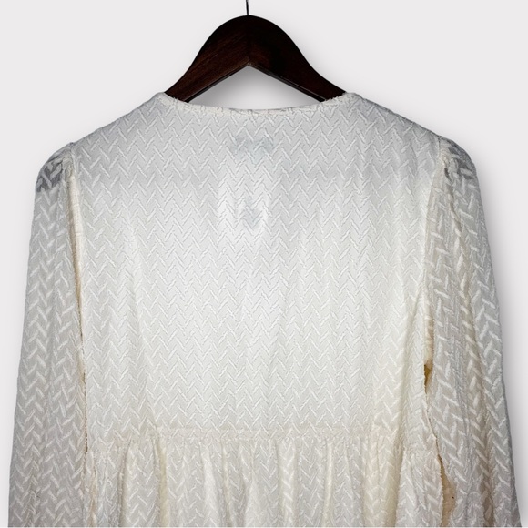 Polagram Cream Long Sleeve Embroidered Flowy Chiffon Textured Blouse - Picture 5 of 9